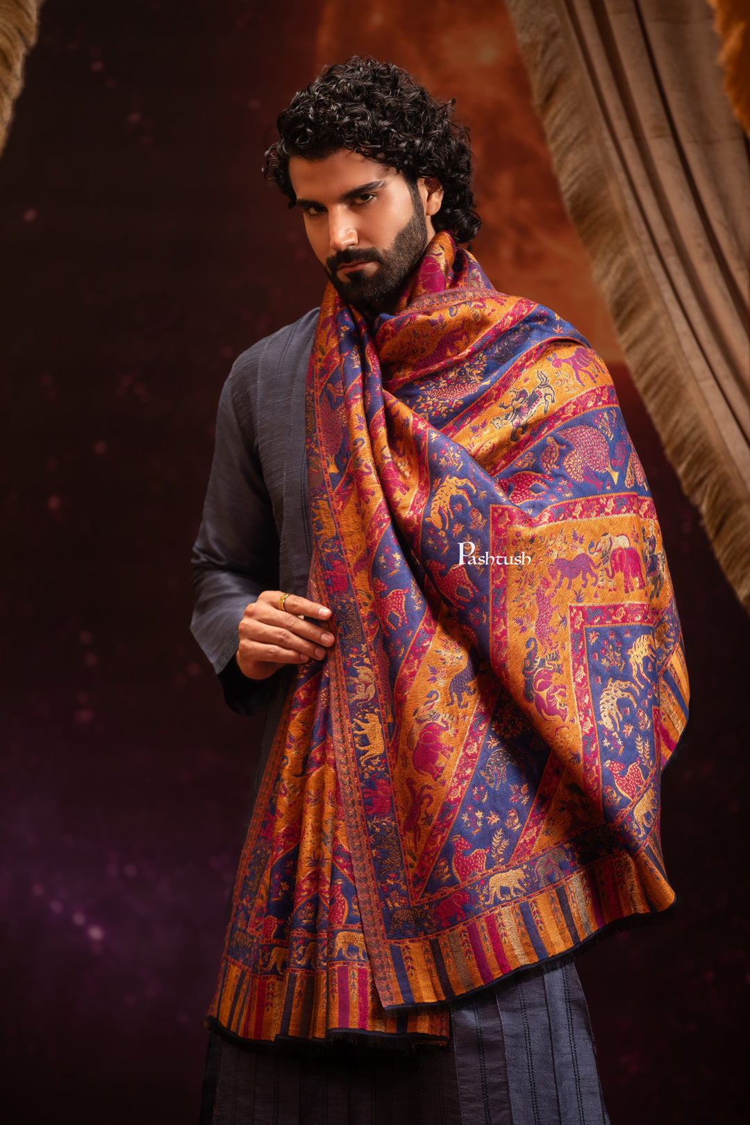 Pashtush India Mens Scarves Stoles and Mufflers Pashtush Mens Faux Pashmina Stole, Twilight Collection Zari Design, Blue