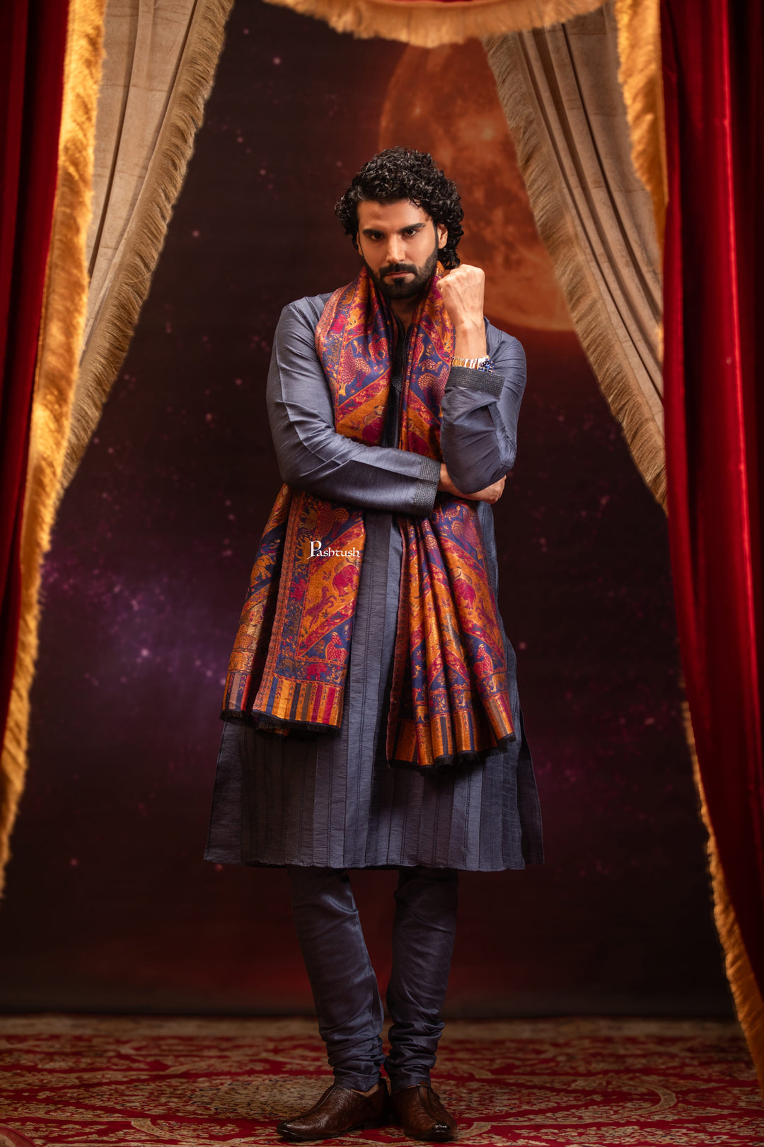 Pashtush India Mens Scarves Stoles and Mufflers Pashtush Mens Faux Pashmina Stole, Twilight Collection Zari Design, Blue