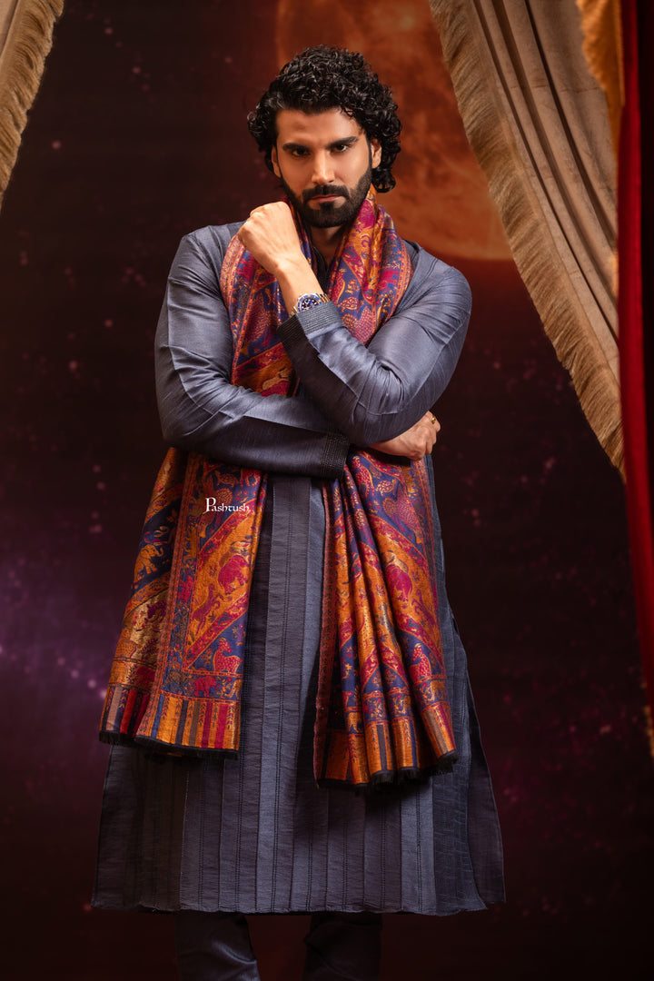 Pashtush India Mens Scarves Stoles and Mufflers Pashtush Mens Faux Pashmina Stole, Twilight Collection Zari Design, Blue