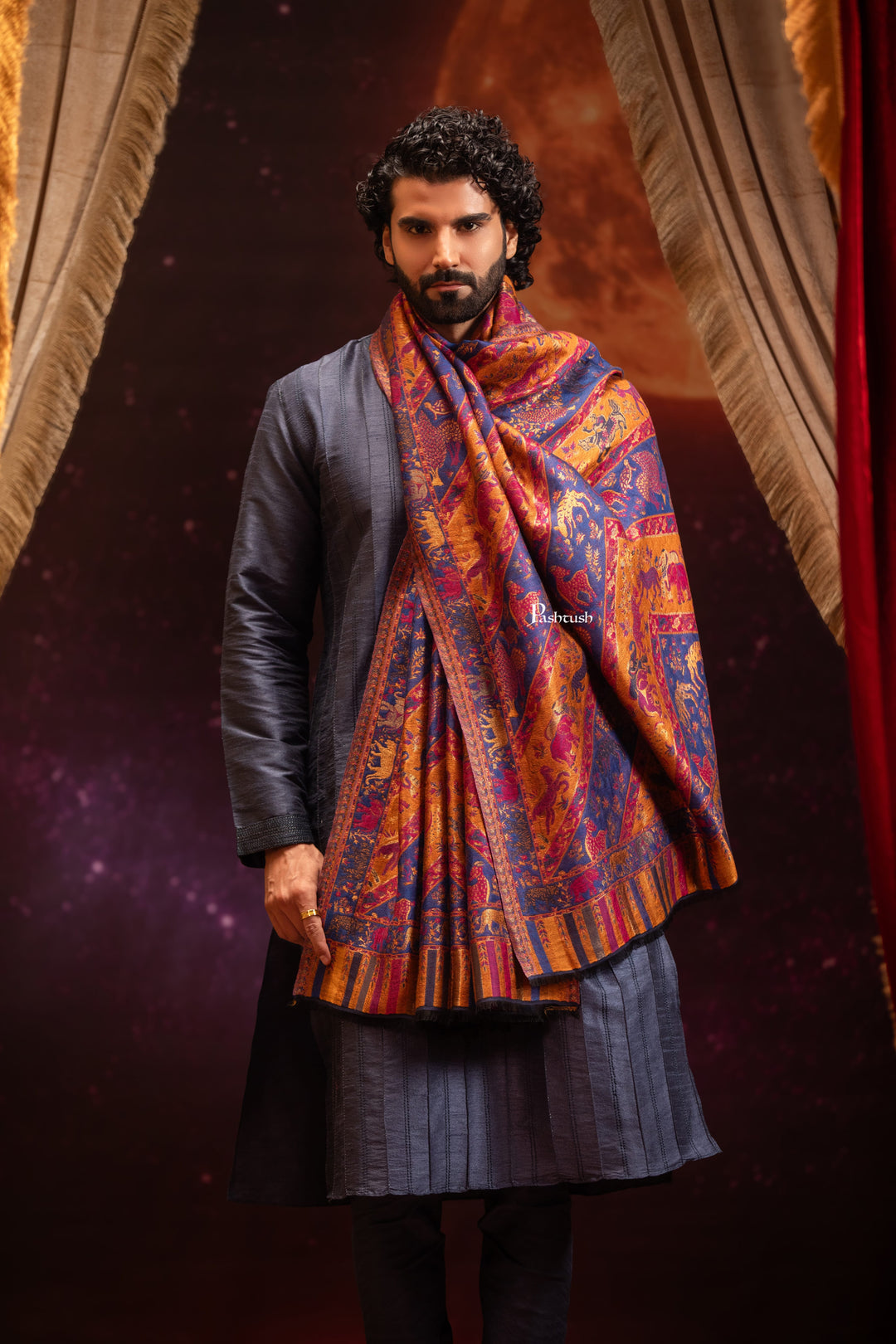 Pashtush India Mens Scarves Stoles and Mufflers Pashtush Mens Faux Pashmina Stole, Twilight Collection Zari Design, Blue