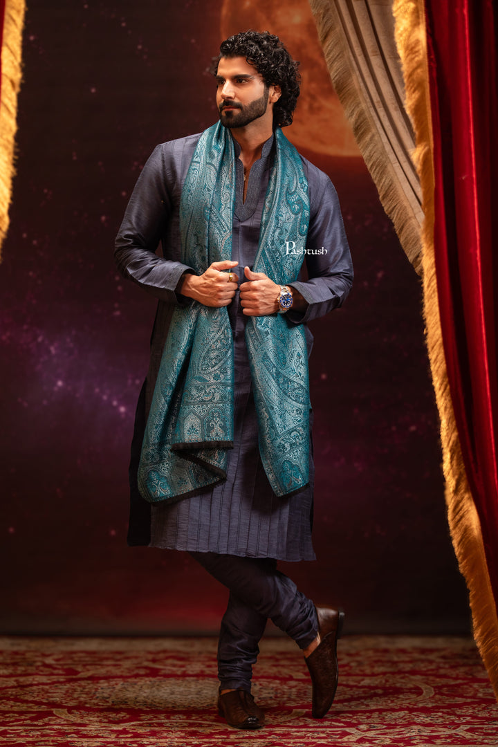 Pashtush India Mens Scarves Stoles and Mufflers Pashtush Mens Faux Pashmina Stole, Twilight Collection Zari Design, Blue