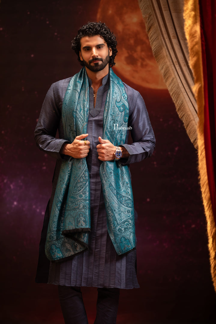 Pashtush India Mens Scarves Stoles and Mufflers Pashtush Mens Faux Pashmina Stole, Twilight Collection Zari Design, Blue