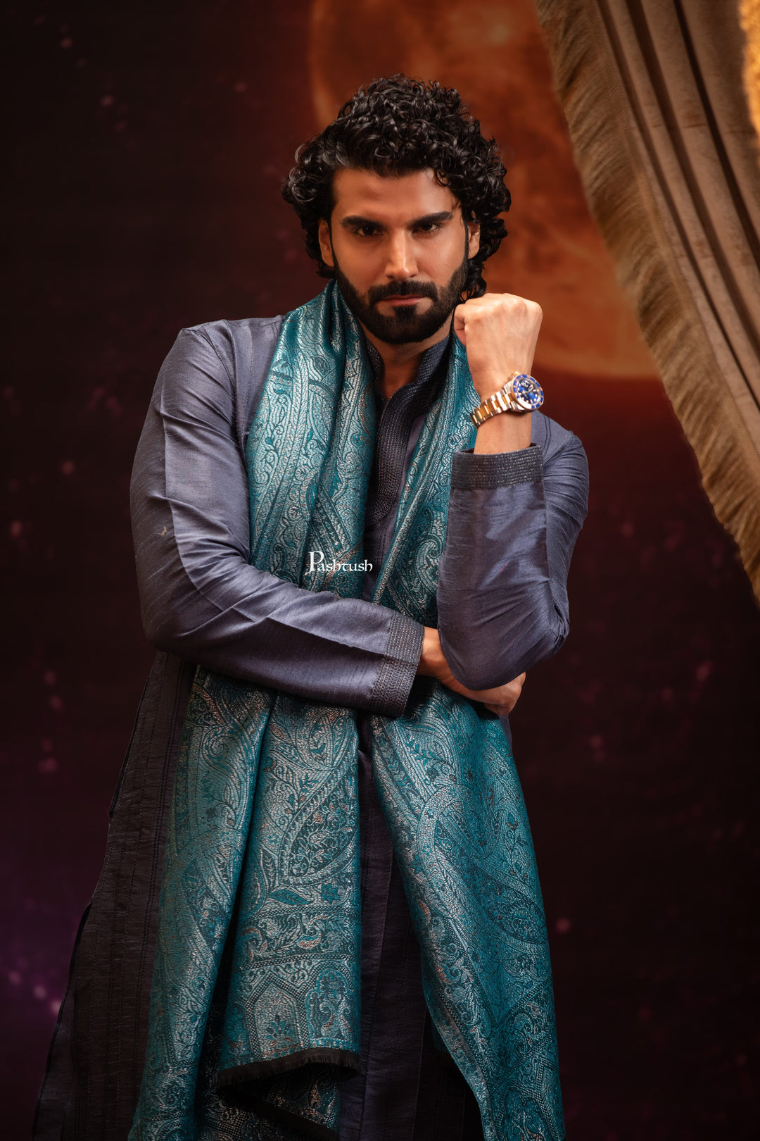 Pashtush India Mens Scarves Stoles and Mufflers Pashtush Mens Faux Pashmina Stole, Twilight Collection Zari Design, Blue