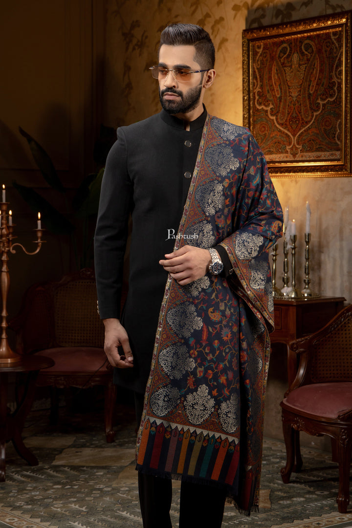 Pashtush India Mens Scarves Stoles and Mufflers Pashtush Mens Faux Pashmina Stole, Twilight Design, Blue