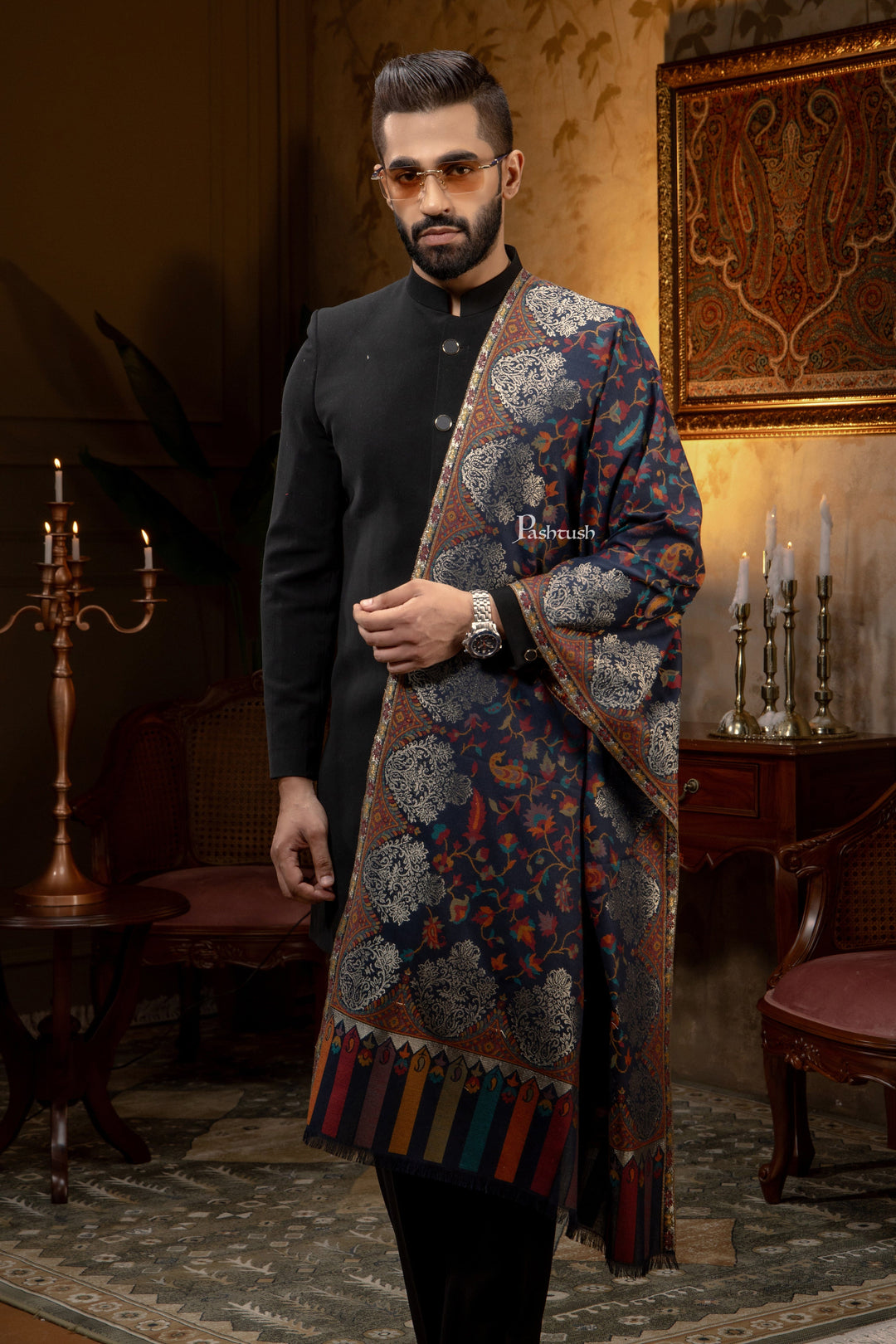 Pashtush India Mens Scarves Stoles and Mufflers Pashtush Mens Faux Pashmina Stole, Twilight Design, Blue