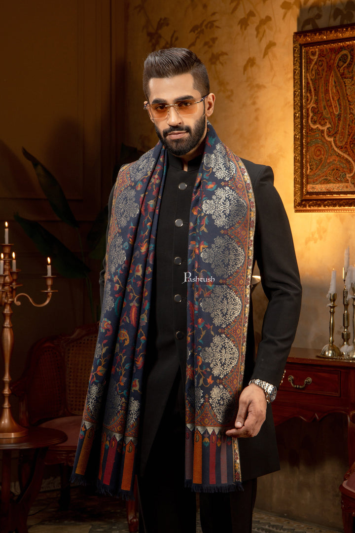 Pashtush India Mens Scarves Stoles and Mufflers Pashtush Mens Faux Pashmina Stole, Twilight Design, Blue