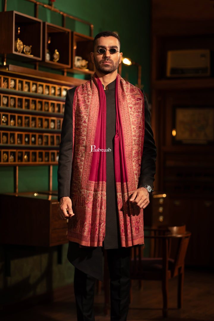 Pashtush India Mens Shawls Gents Shawl Pashtush Mens Faux Pashmina Stole, Woven Darbar Palla Design, Maroon