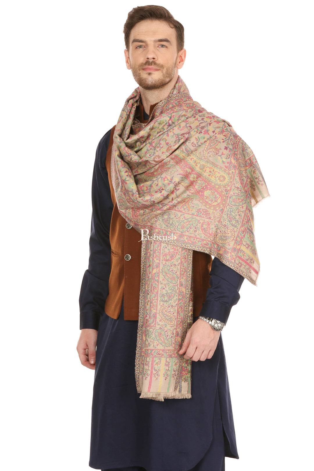 Pashtush India Mens Scarves Stoles and Mufflers Pashtush Mens Fine Soft Ethnic Stole, Pastel Hues