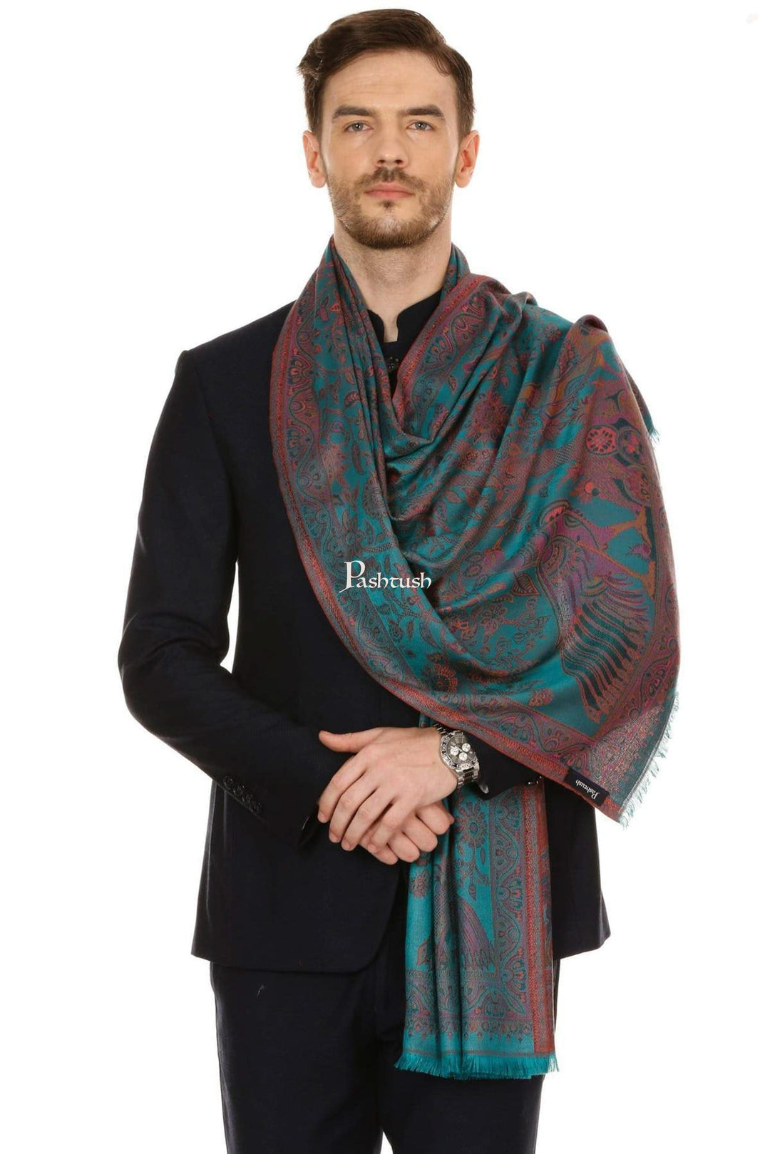 Pashtush India Mens Scarves Stoles and Mufflers Pashtush Mens Fine Soft Ethnic Stole - Seagreen dark