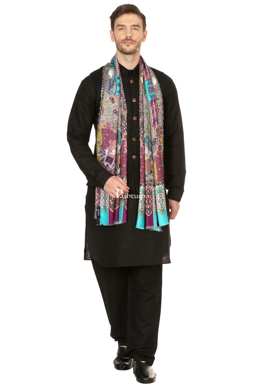 Pashtush India Mens Scarves Stoles and Mufflers Pashtush Mens Fine Soft Printed Stole, Mughal Darbar