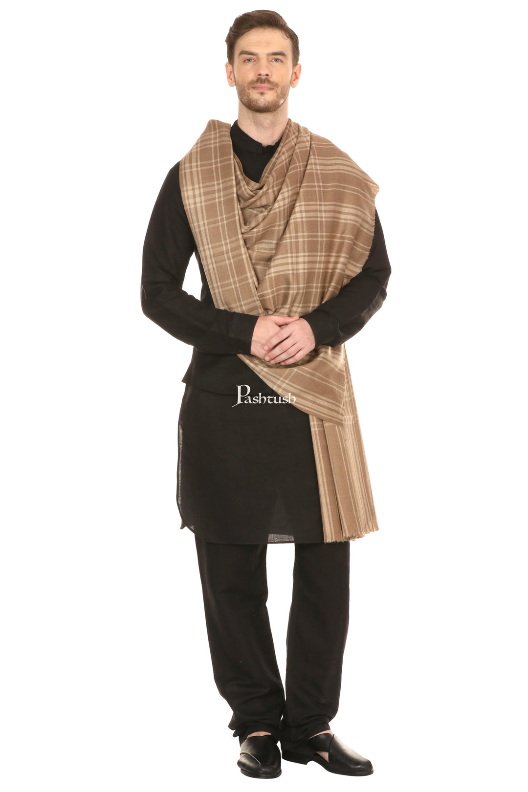 Pashtush India Mens Shawls Gents Shawl Pashtush Mens Fine Wool Checkered Shawl, Extra Soft And Warm - Beige