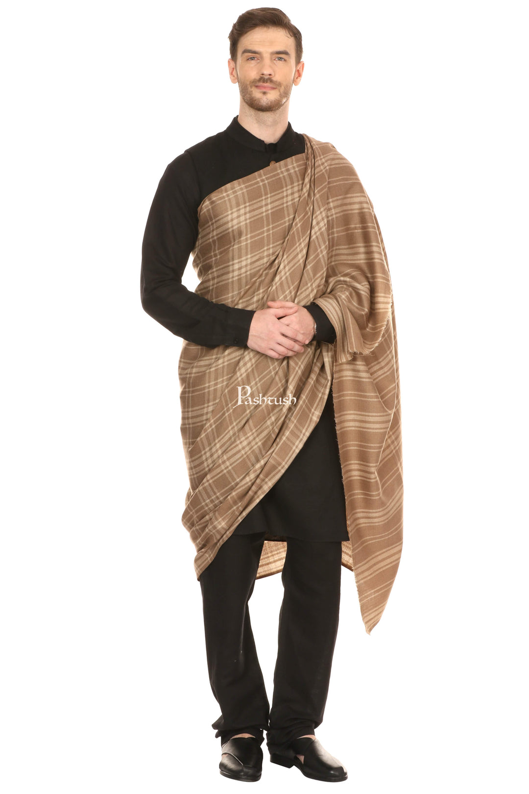 Pashtush India Mens Shawls Gents Shawl Pashtush Mens Fine Wool Checkered Shawl, Extra Soft And Warm - Beige