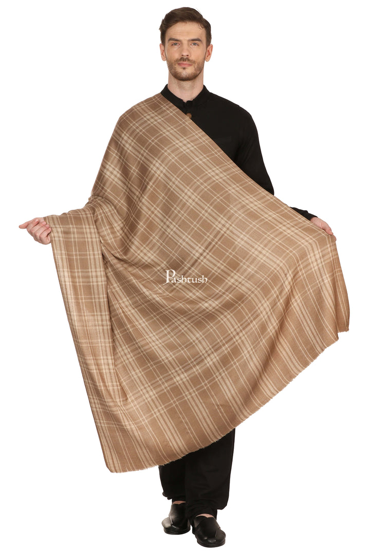 Pashtush India Mens Shawls Gents Shawl Pashtush Mens Fine Wool Checkered Shawl, Extra Soft And Warm - Beige