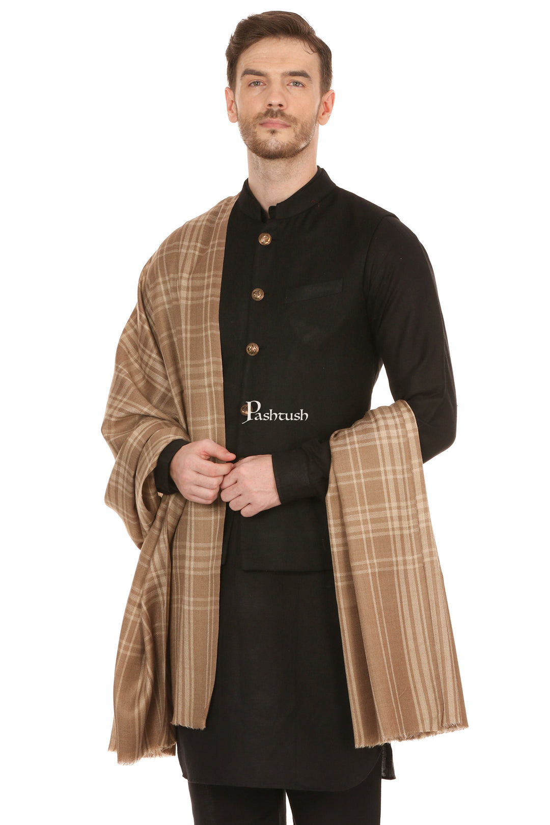 Pashtush India Mens Shawls Gents Shawl Pashtush Mens Fine Wool Checkered Shawl, Extra Soft And Warm - Beige