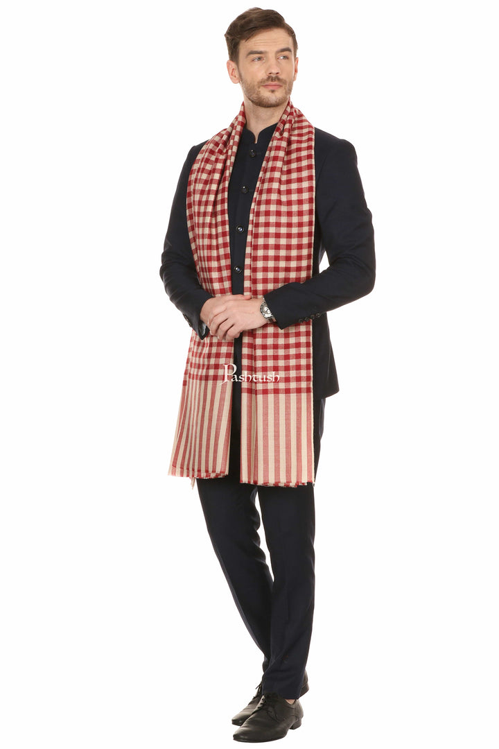 Pashtush India Mens Scarves Stoles and Mufflers Pashtush Mens Fine Wool Checkered Stole, Extra Soft And Warm - Maroon
