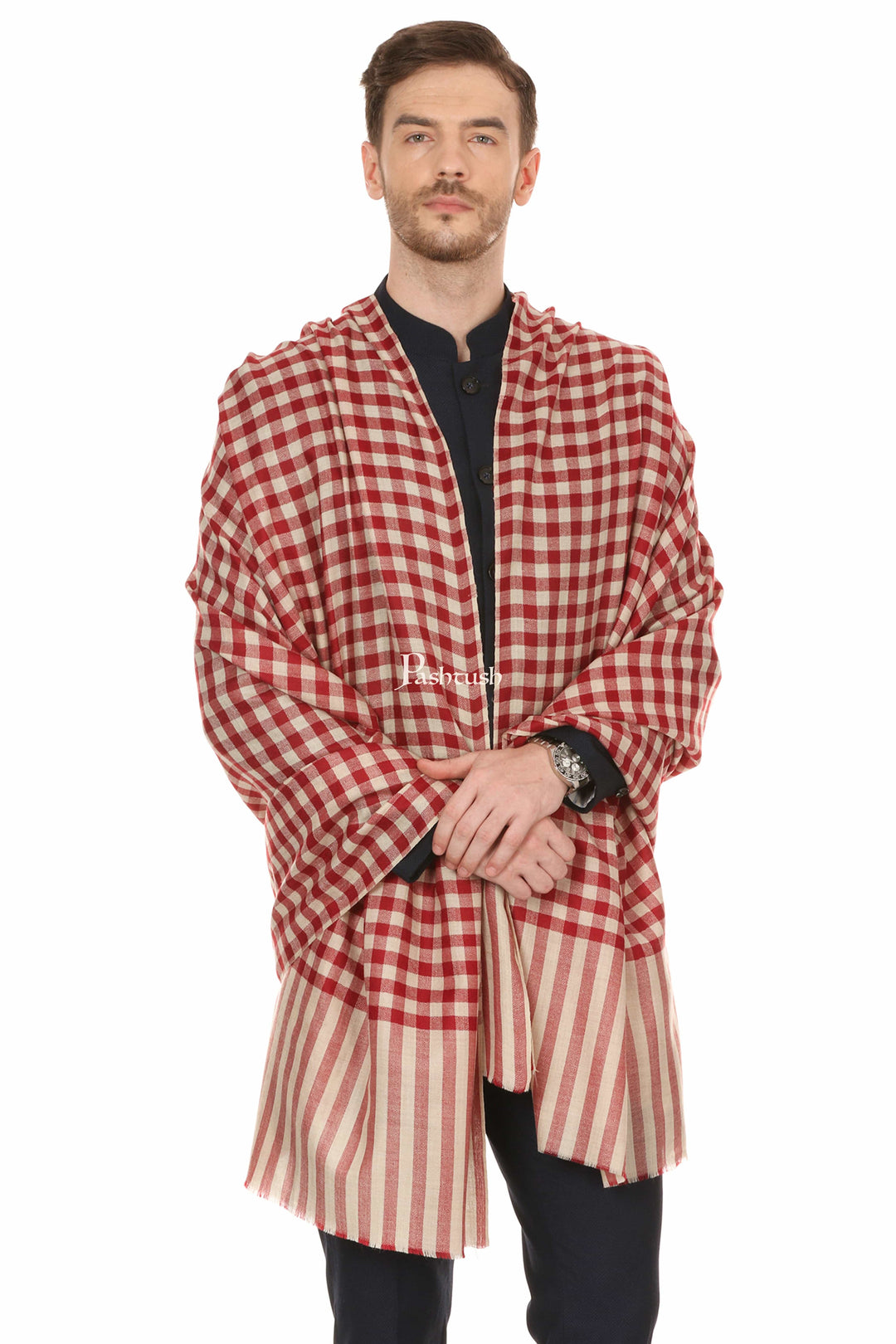 Pashtush India Mens Scarves Stoles and Mufflers Pashtush Mens Fine Wool Checkered Stole, Extra Soft And Warm - Maroon