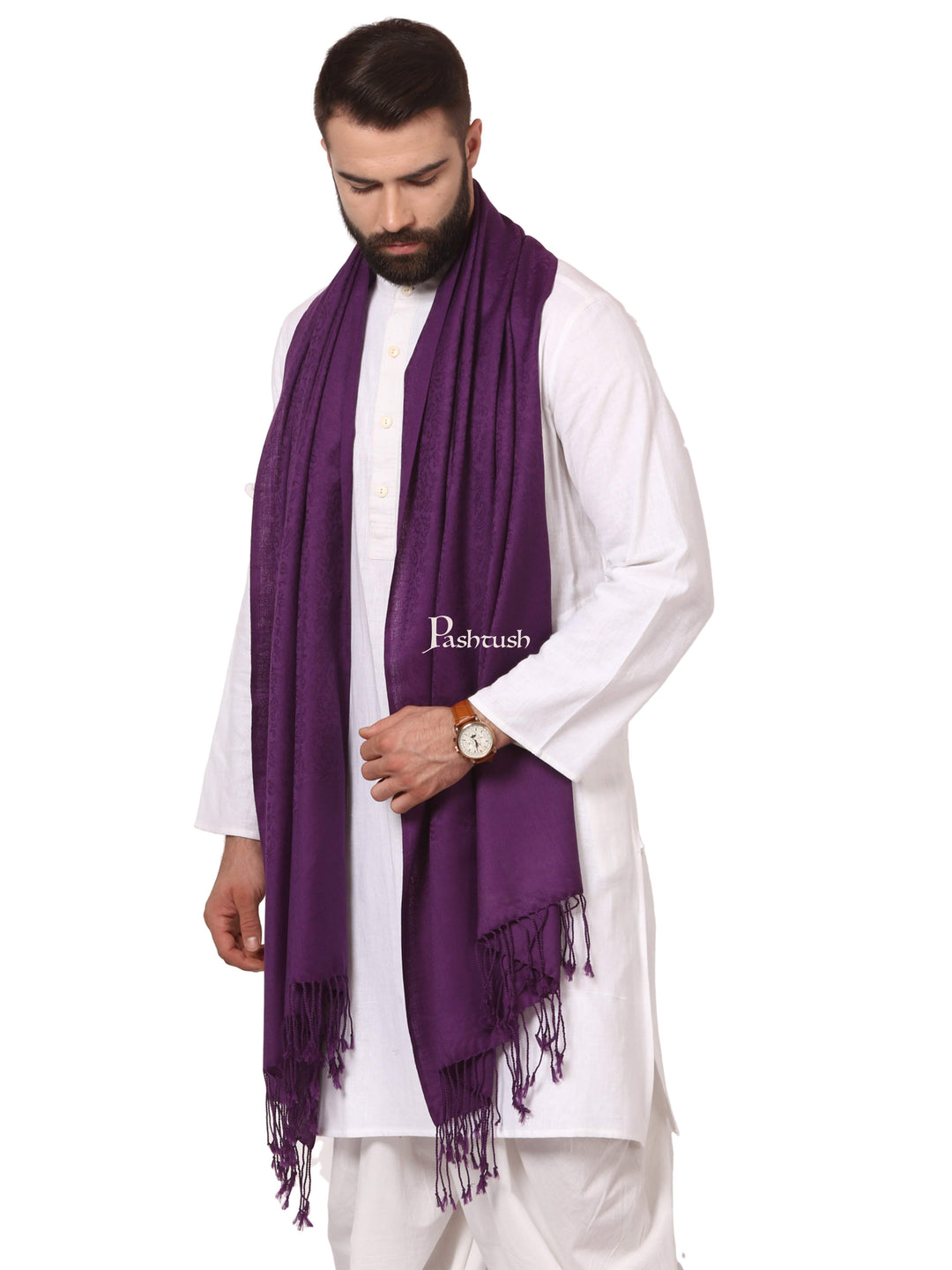 Pashtush India Mens Scarves Stoles and Mufflers Pashtush Mens Fine Wool Jacquard Muffler, Deep Purple