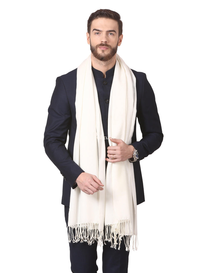 Pashtush India Mens Scarves Stoles and Mufflers Pashtush Mens Fine Wool Jacquard Muffler - Ivory