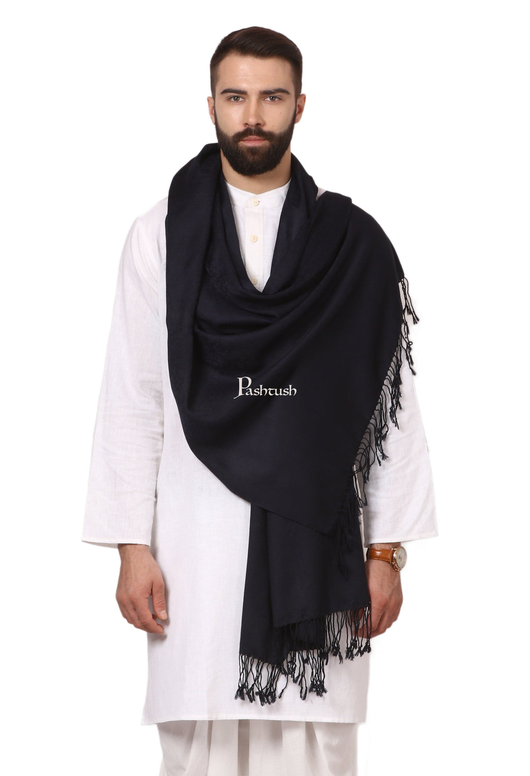 Pashtush India Mens Scarves Stoles and Mufflers Pashtush Mens Fine Wool Jacquard Scarf - Rich Black