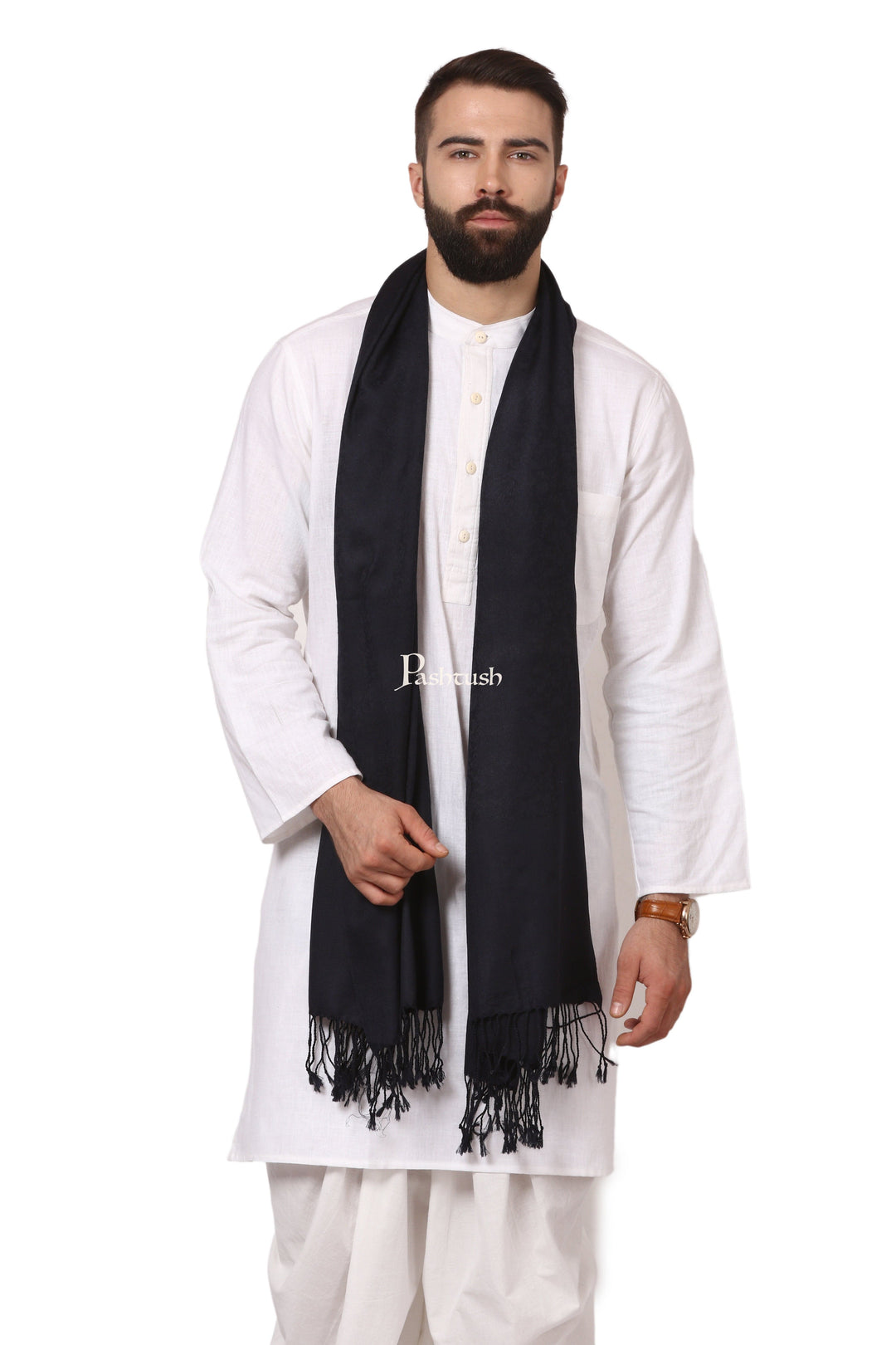 Pashtush India Mens Scarves Stoles and Mufflers Pashtush Mens Fine Wool Jacquard Scarf - Rich Black