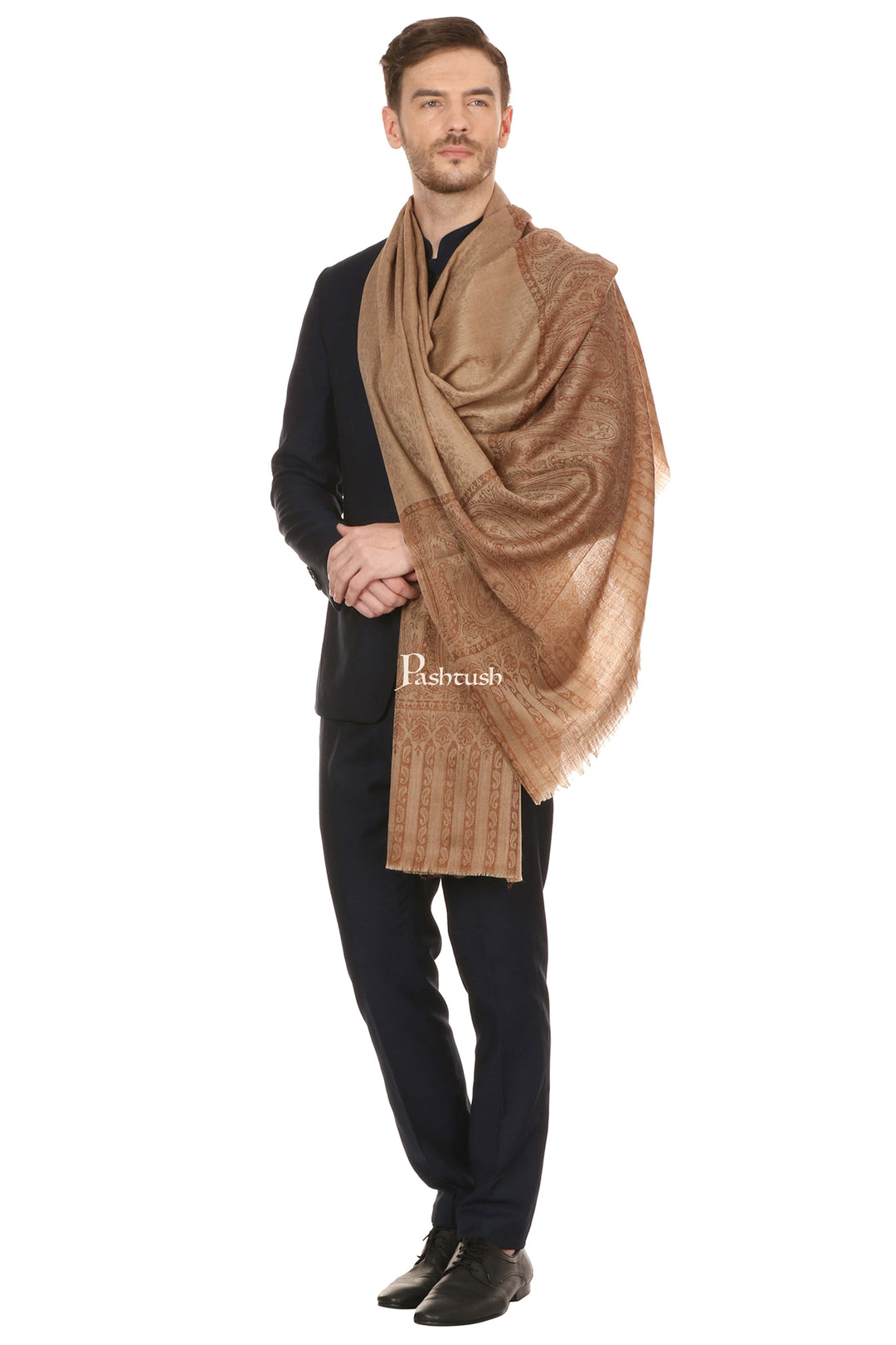 Pashtush India Mens Scarves Stoles and Mufflers Pashtush Mens Fine Wool Jacquard Stole, Beige