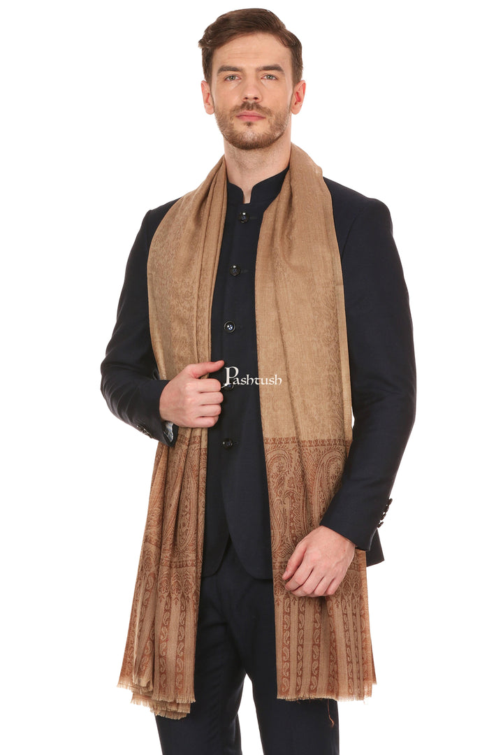 Pashtush India Mens Scarves Stoles and Mufflers Pashtush Mens Fine Wool Jacquard Stole, Beige