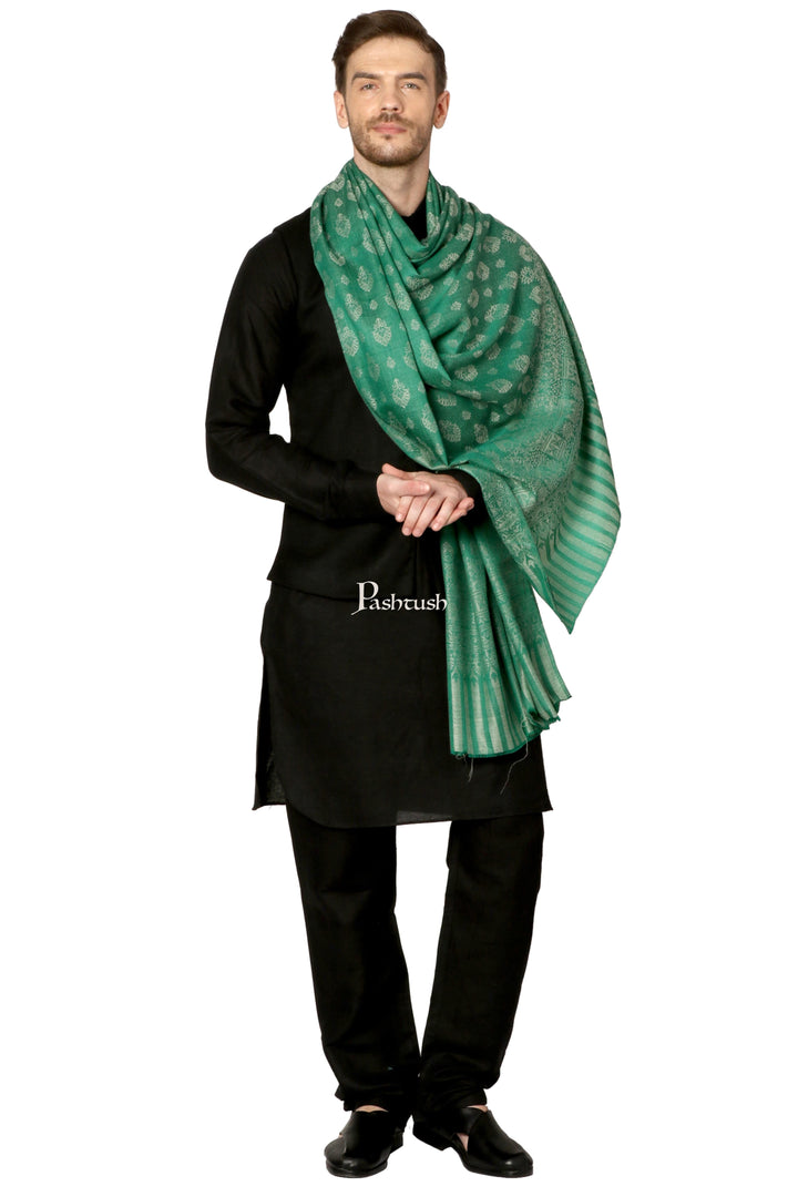 Pashtush India Mens Scarves Stoles and Mufflers Pashtush Mens Fine Wool Jacquard Stole, Bottle Green