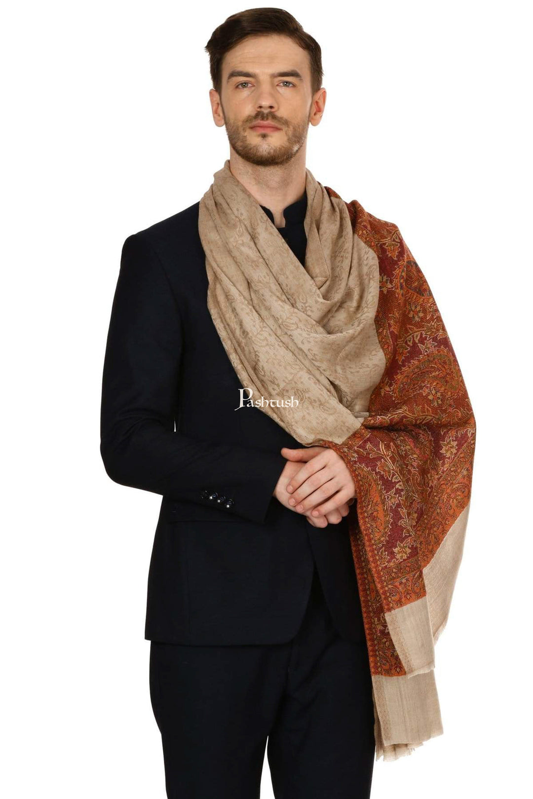 Pashtush India Mens Scarves Stoles and Mufflers Pashtush Mens Fine Wool Jacquard Stole, Brown