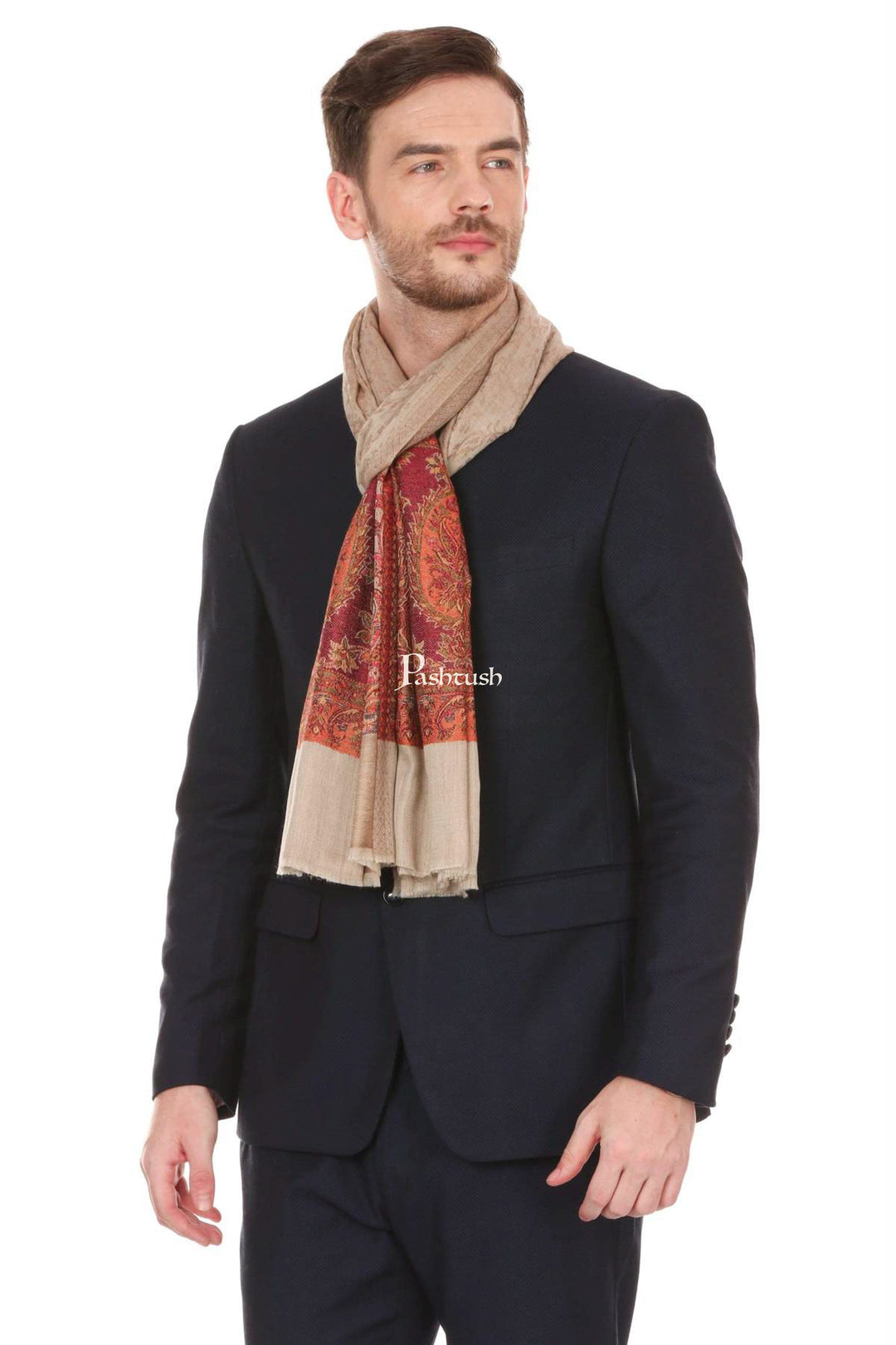 Pashtush India Mens Scarves Stoles and Mufflers Pashtush Mens Fine Wool Jacquard Stole, Brown