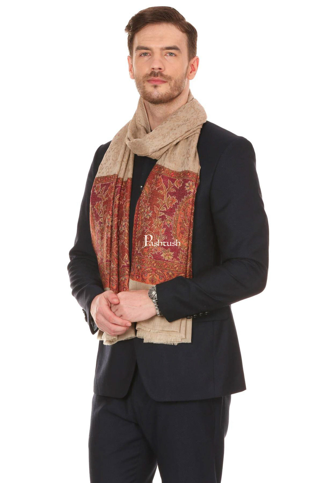 Pashtush India Mens Scarves Stoles and Mufflers Pashtush Mens Fine Wool Jacquard Stole, Brown