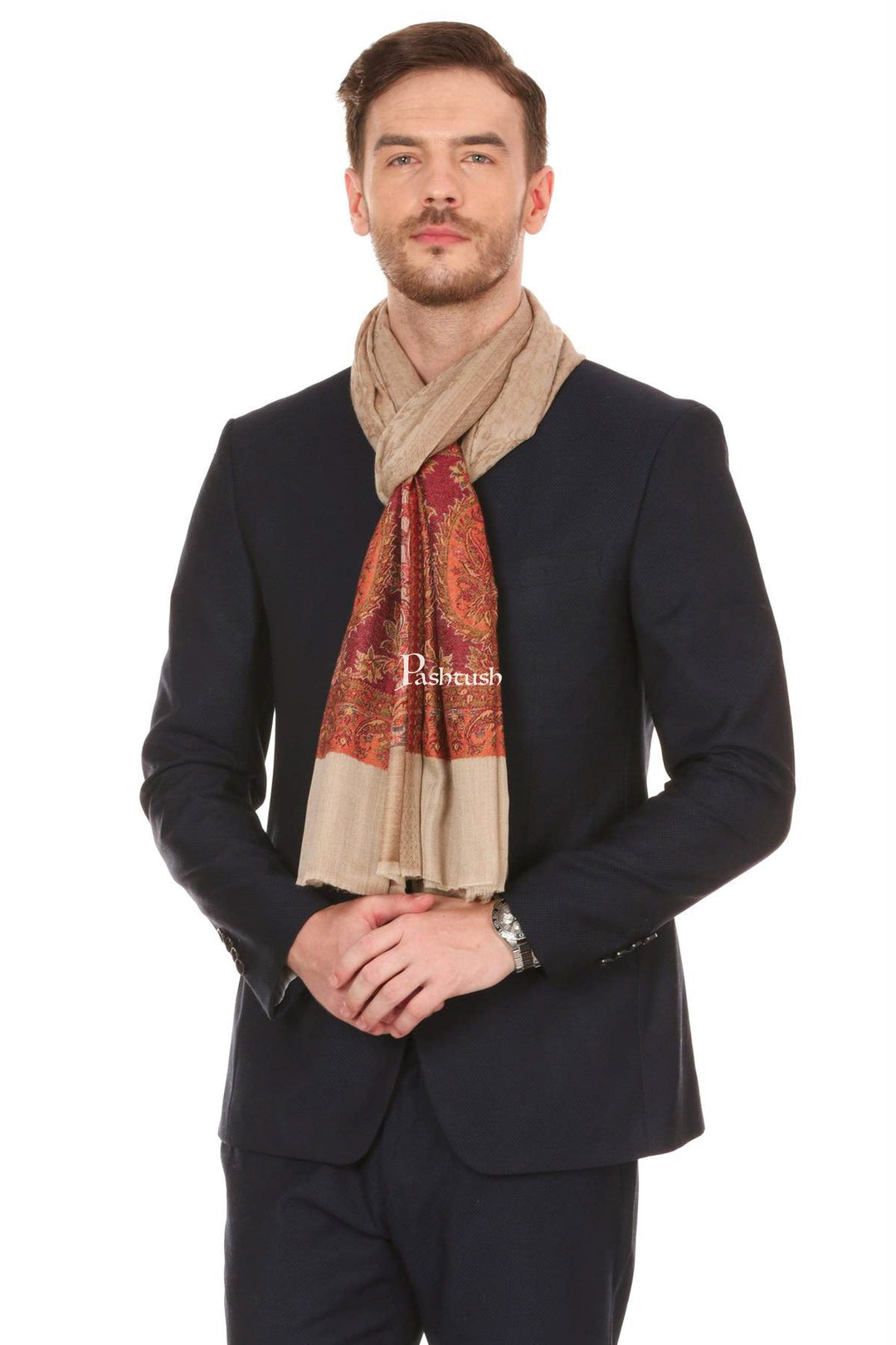 Pashtush India Mens Scarves Stoles and Mufflers Pashtush Mens Fine Wool Jacquard Stole, Brown