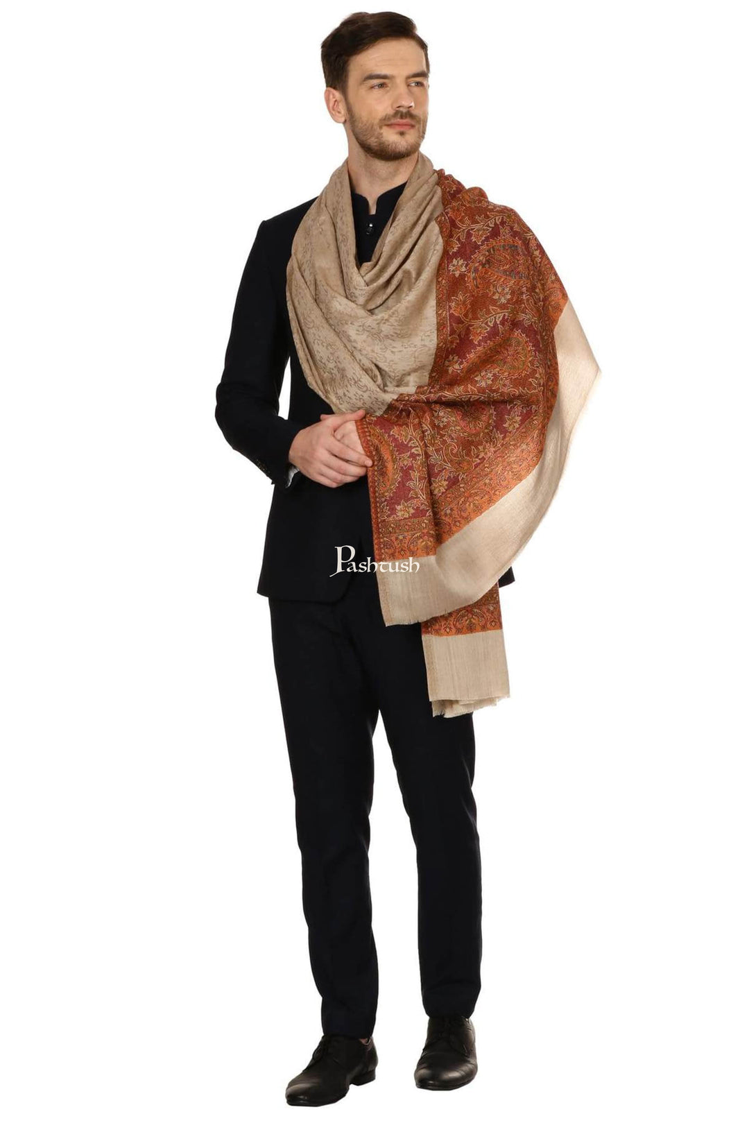 Pashtush India Mens Scarves Stoles and Mufflers Pashtush Mens Fine Wool Jacquard Stole, Brown