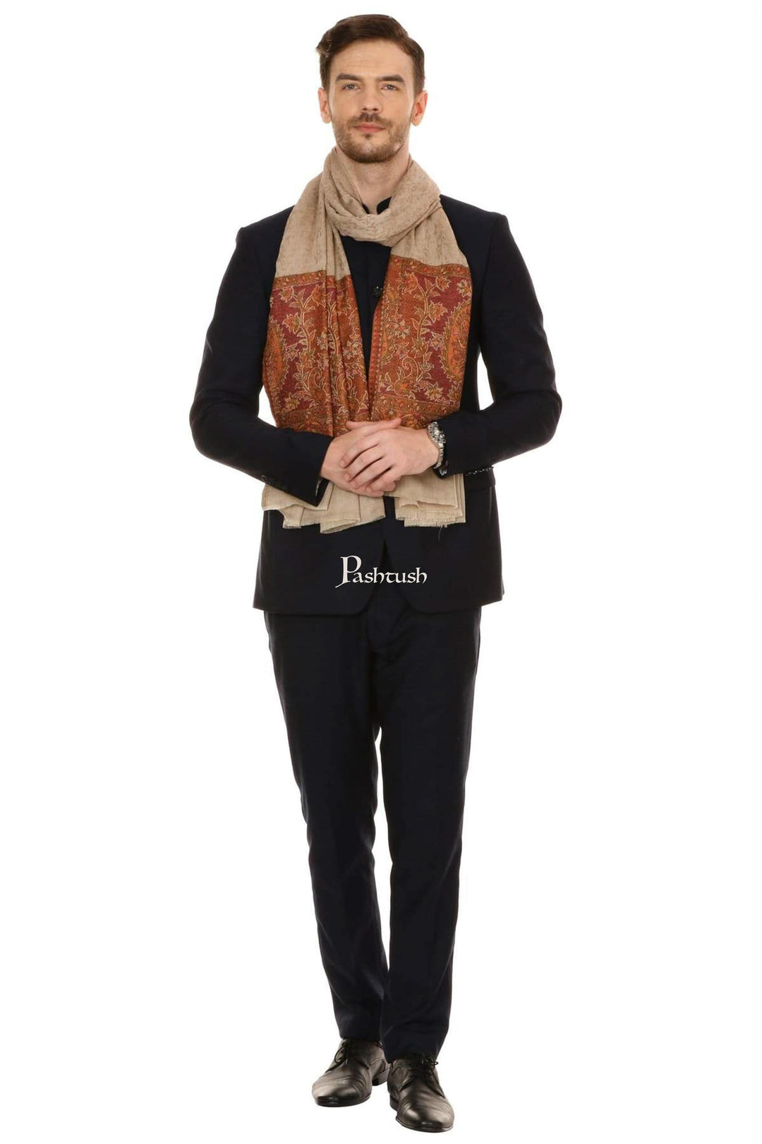 Pashtush India Mens Scarves Stoles and Mufflers Pashtush Mens Fine Wool Jacquard Stole, Brown