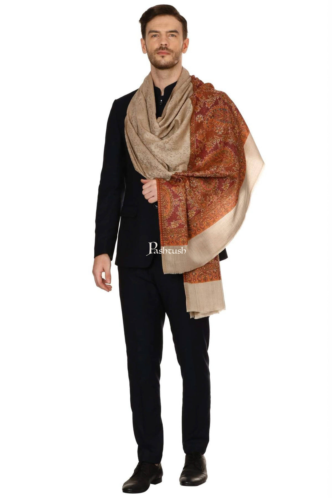 Pashtush India Mens Scarves Stoles and Mufflers Pashtush Mens Fine Wool Jacquard Stole, Brown