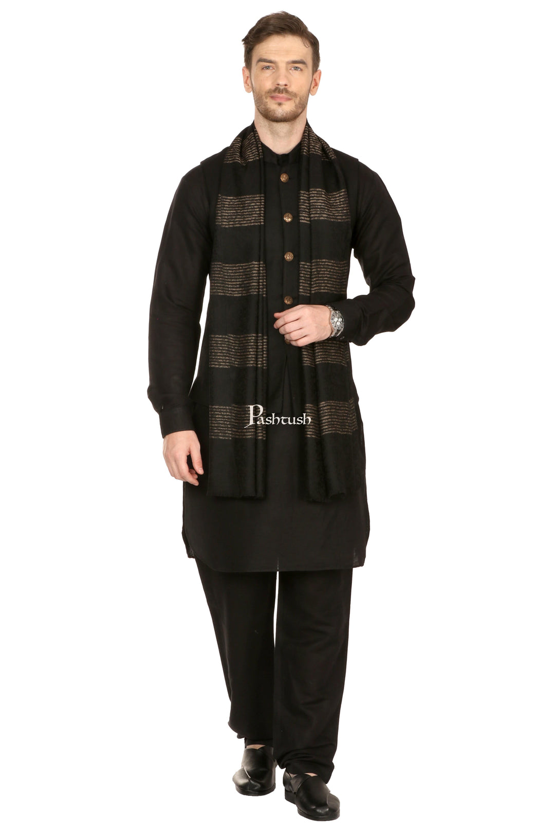Pashtush India Mens Scarves Stoles and Mufflers Pashtush Mens Fine Wool Reversible Muffler, Soft And Warm - Black