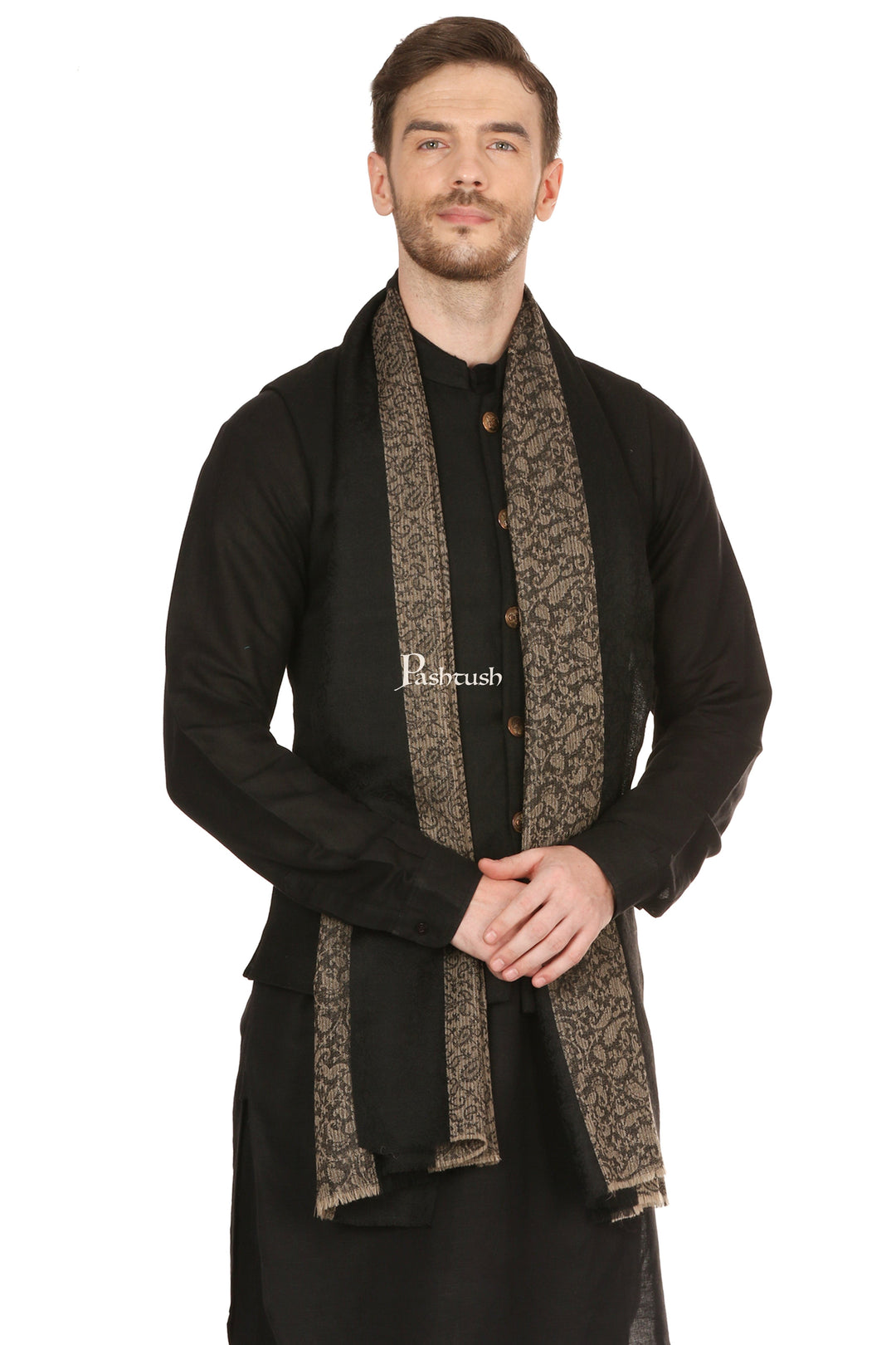 Pashtush India Mens Scarves Stoles and Mufflers Pashtush Mens Fine Wool Reversible Muffler, Soft And Warm - Black