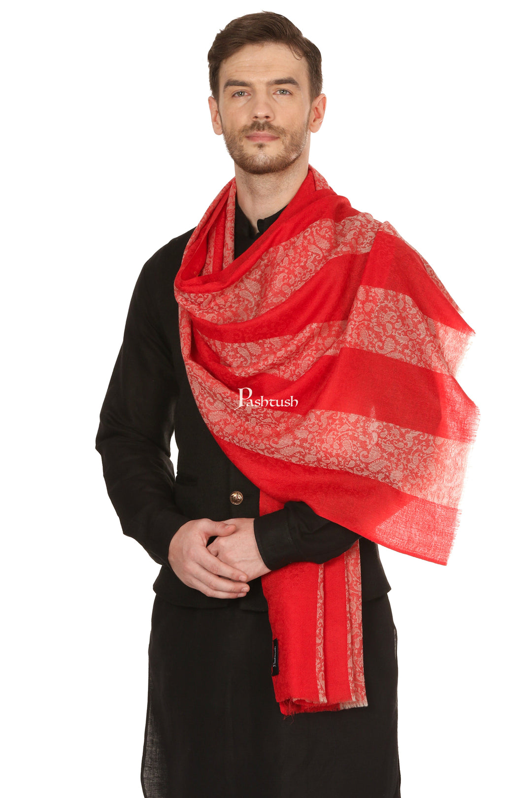 Pashtush India Mens Scarves Stoles and Mufflers Pashtush Mens Fine Wool Reversible Muffler, Soft And Warm - Red