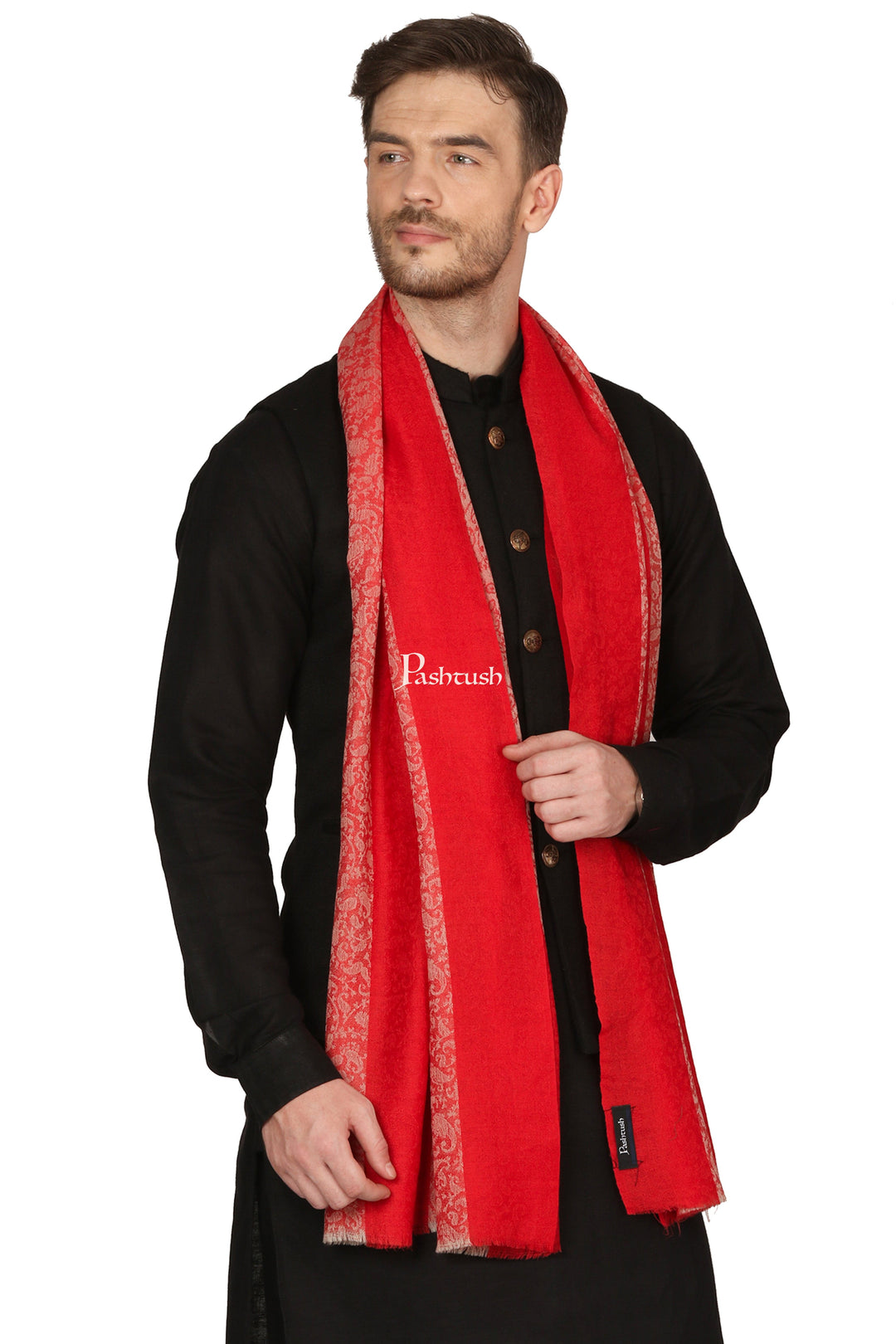 Pashtush India Mens Scarves Stoles and Mufflers Pashtush Mens Fine Wool Reversible Muffler, Soft And Warm - Red