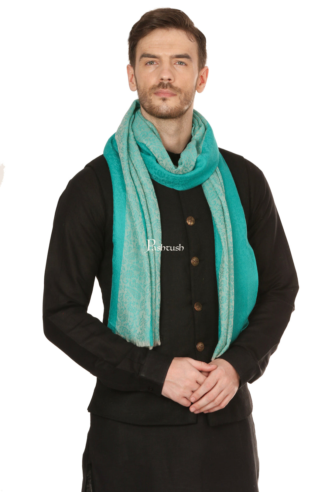 Pashtush India Mens Scarves Stoles and Mufflers Pashtush Mens Fine Wool Reversible Muffler, Soft And Warm - Sea Green