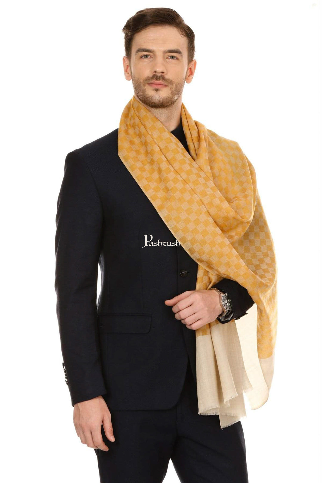 Pashtush India Mens Scarves Stoles and Mufflers Pashtush Mens Fine Wool Reversible Muffler, Soft And Warm - Yellow