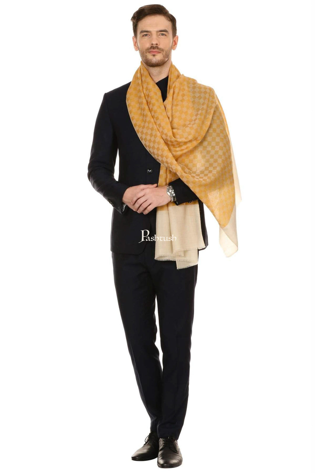 Pashtush India Mens Scarves Stoles and Mufflers Pashtush Mens Fine Wool Reversible Muffler, Soft And Warm - Yellow