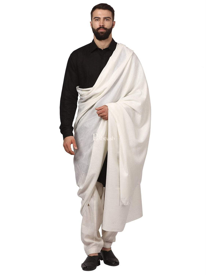 Pashtush India Mens Shawls Gents Shawl Pashtush Mens Fine Wool, Self Design, Full Size Mens, White