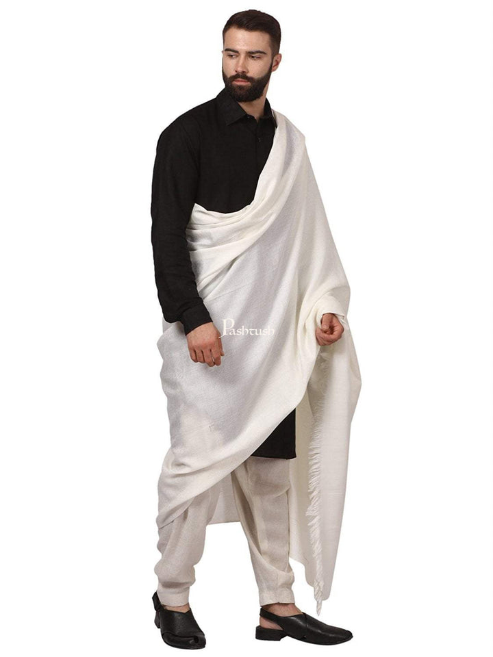 Pashtush India Mens Shawls Gents Shawl Pashtush Mens Fine Wool, Self Design, Full Size Mens, White