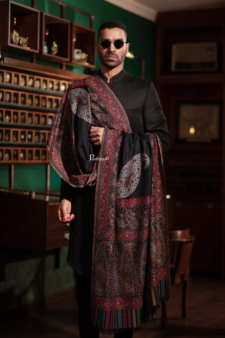 Pashtush India Mens Shawls Gents Shawl Pashtush Mens Fine Wool Shawl, Ambi Palla  Design, Black