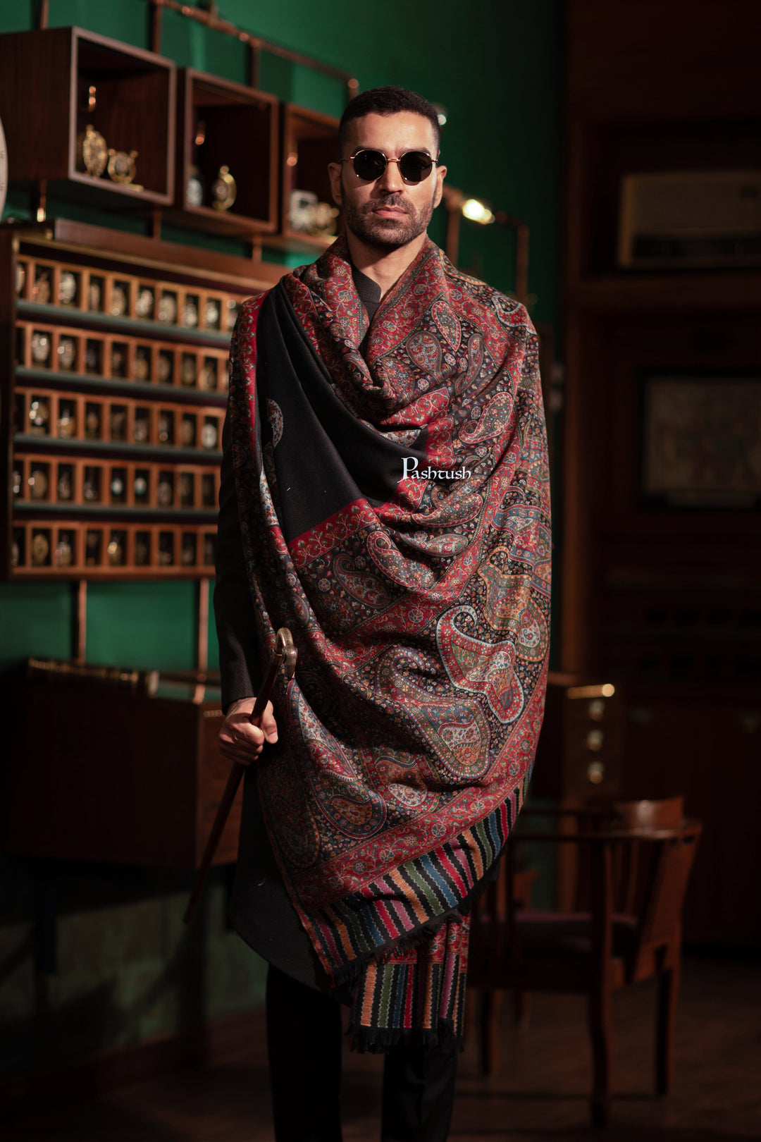 Pashtush India Mens Shawls Gents Shawl Pashtush Mens Fine Wool Shawl, Ambi Palla  Design, Black