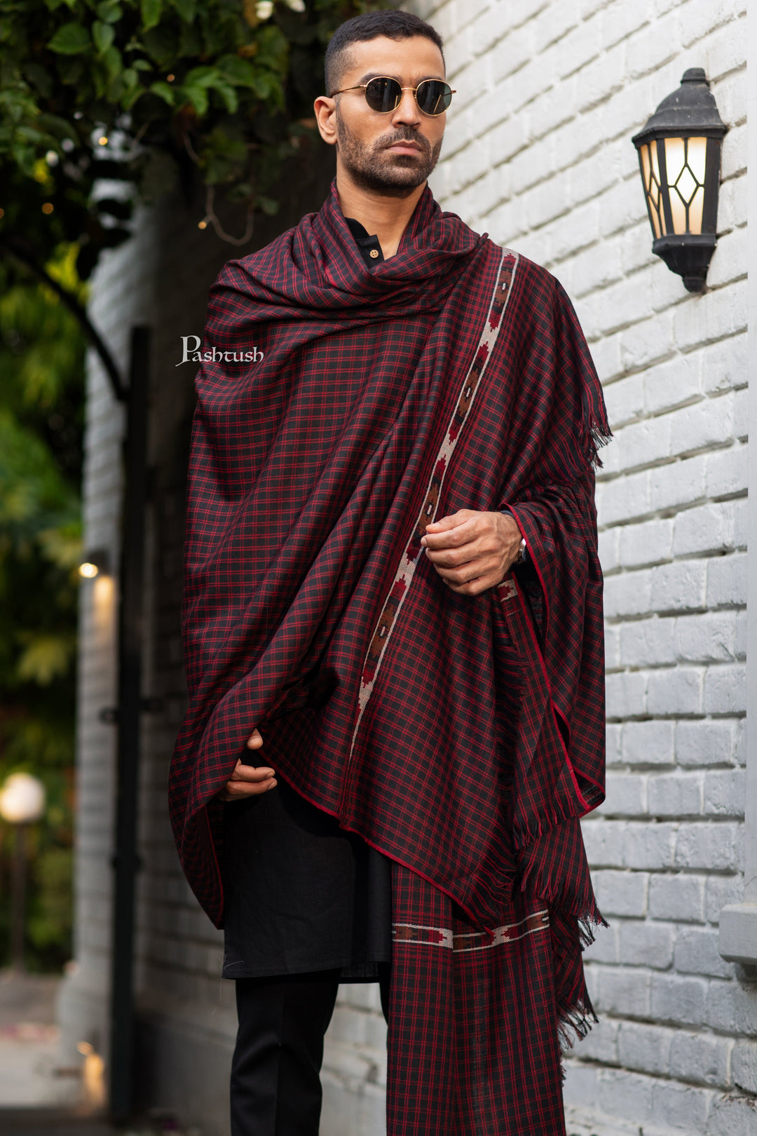 Pashtush India Mens Shawls Gents Shawl Pashtush Mens Fine Wool Shawl, Aztec With Checkered Design, Black