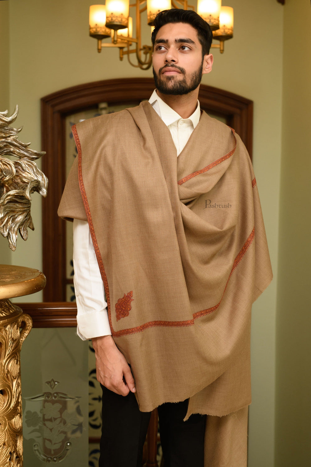 Pashtush India Mens Shawls Gents Shawl Pashtush Mens Fine Wool Shawl, Kashmiri Border Embroidery, Kingri Design, Taupe