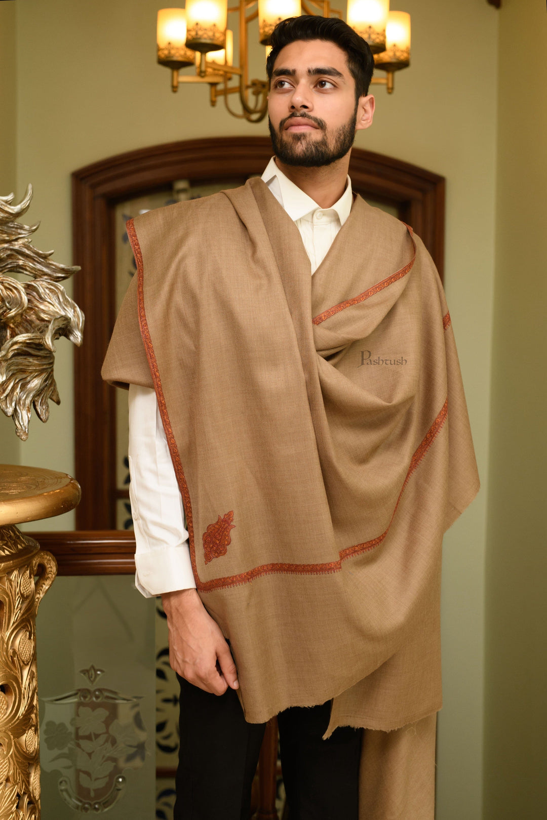 Pashtush Mens Fine Wool Shawl, Kashmiri Border Embroidery, Kingri