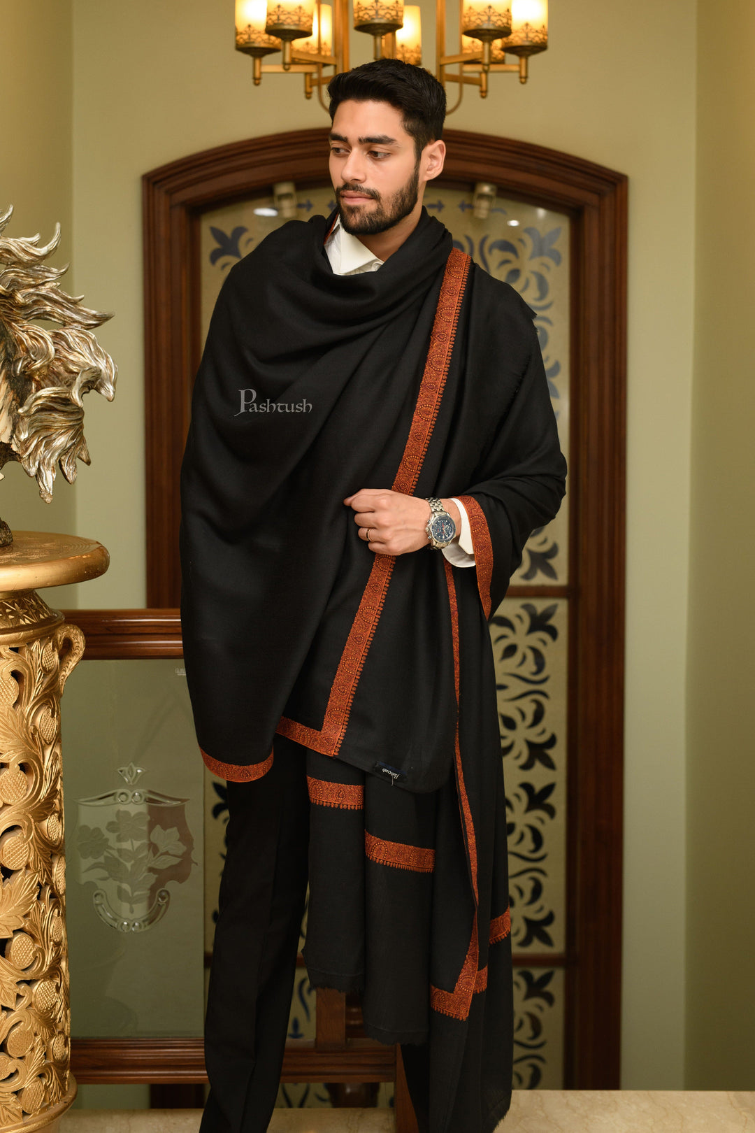 Pashtush Mens Fine Wool Shawl, Kashmiri Border Embroidery