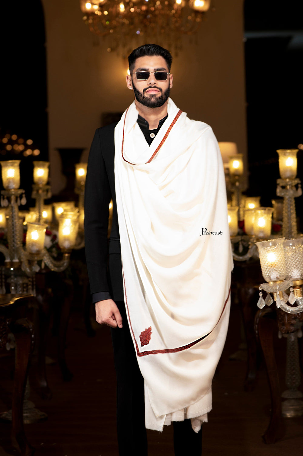 Pashtush India Mens Shawls Gents Shawl Pashtush Mens Fine Wool Shawl, Kingri Design, Ivory
